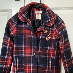 Plaid peacoat with embroidered butterflies